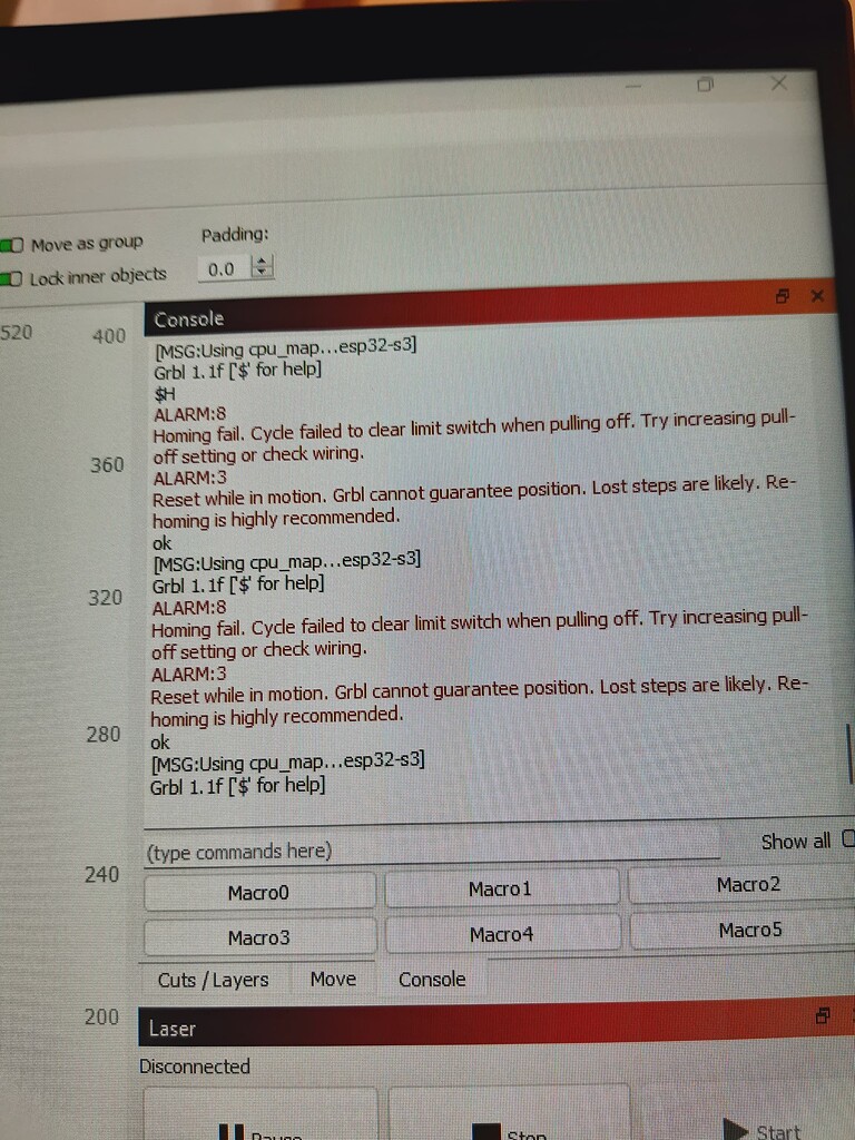 Alarm 8 and alarm 3 in lightburn - Creality Falcon - Creality